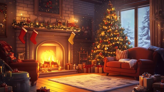  A cozy Christmas living room with a roaring fireplace, stockings hanging on the mantel, and a large tree glowing in the corner