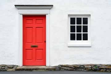 White wall, red door, small window, stone base.