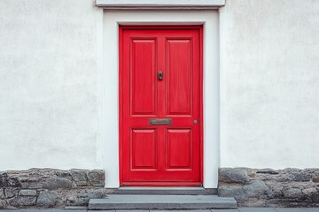 Red door, white wall, stone base, steps.
