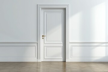 White door, paneled walls, wood floor.