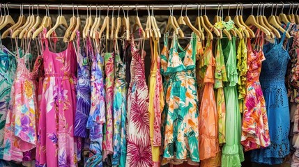 A clothing rack filled with an array of bright and vibrant summer clothes, including dresses, shorts, and tank tops.