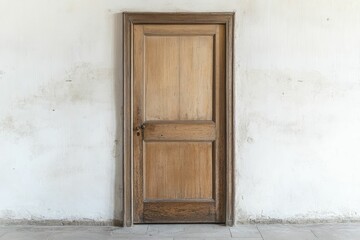 Aged wooden door in weathered white wall.