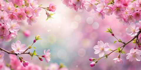 Fototapeta premium Delicate pink blossoms on a branch, bathed in a soft, ethereal light, with a blurred background of bokeh circles, creating a romantic and serene ambiance.