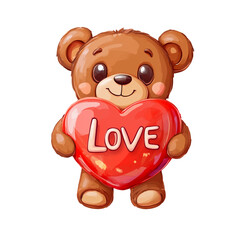 Fototapeta premium A charming illustration of a teddy bear holding a red heart, with soft features and a sweet expression, isolated on a transparent background. Perfect for romantic, Valentine’s Day, or gift themes