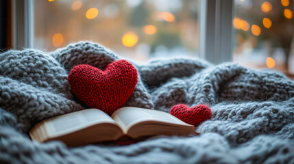 Cozy knitted heart and open book on a fluffy blanket by a window