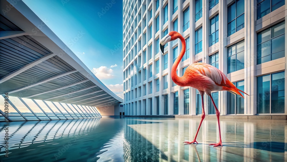 Poster elegant standing flamingo in architectural setting with clear background for creative projects and d