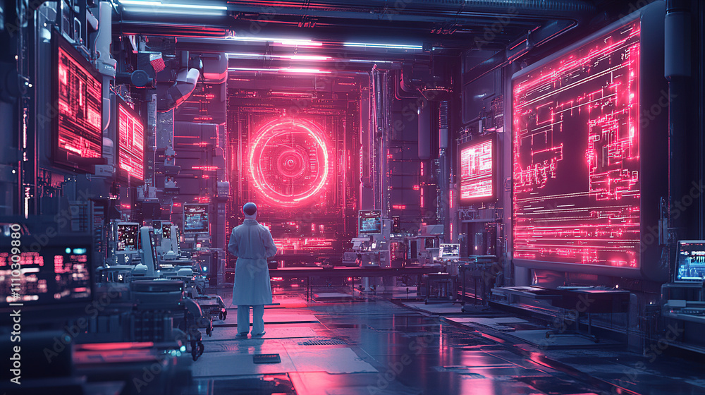 Aufkleber scientist observes advanced technology in a futuristic lab with glowing screens and intricate design
