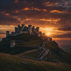 Obraz premium An ancient castle on a hilltop, with torches lighting its walls and a dramatic sunset in the background.