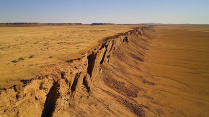 Stunning view of a vast desert landscape with a majestic cliff formation under clear blue sky during daylight