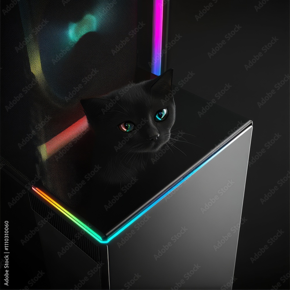 Poster set collection of black modern high end gaming computer with glass windows and bright colorful rainb