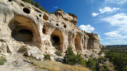 Unique geological formations with natural caves in a rugged landscape under a clear blue sky