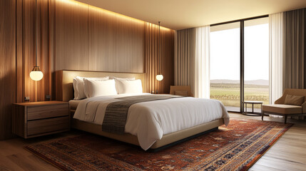 The corner view of the hotel bedroom interior offers a cozy, elegant atmosphere, designed for relaxation and comfort.