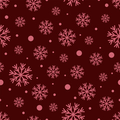 Seamless vector Christmas pattern with snowflakes on a dark red background