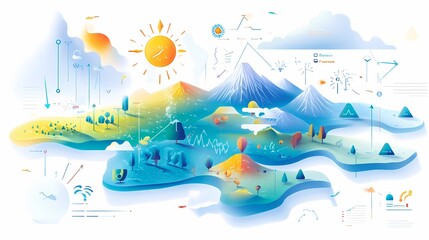 Naklejka premium Vibrant Illustrative Landscape Featuring Mountains, Sun, Trees, and Abstract Geometric Shapes in a Whimsical Style with Bright Colors and Dynamic Elements
