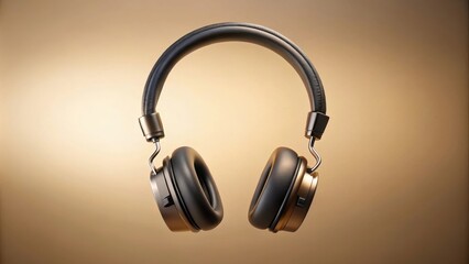 A pair of black over-ear headphones with gold accents, suspended in mid-air against a warm beige background.