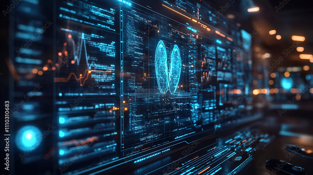 Aufkleber high-tech digital interface displays heart and lung data in a modern healthcare facility during a la
