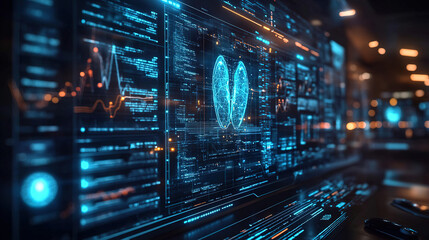 High-tech digital interface displays heart and lung data in a modern healthcare facility during a late evening. Generative AI