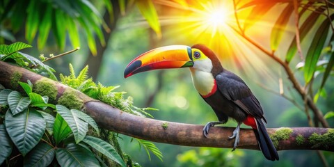 Fototapeta premium A colorful toucan perched on a branch in the lush tropical rainforest, bathed in the warm glow of the sun, its vibrant plumage contrasting with the verdant foliage