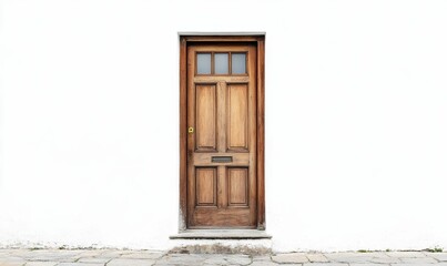 Wooden door, white wall, stone path.