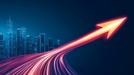 A dynamic, illuminated arrow points upward against a city skyline, symbolizing growth and progress in a modern, digital world.