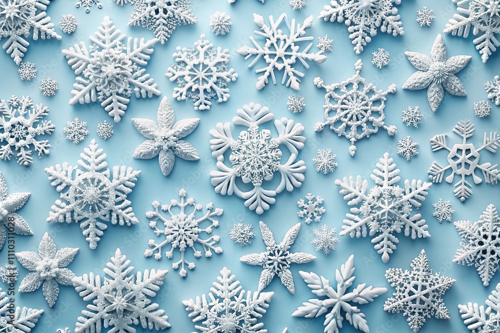 Poster elegant white snowflakes on a soft blue background showcasing their unique symmetrical patterns for 