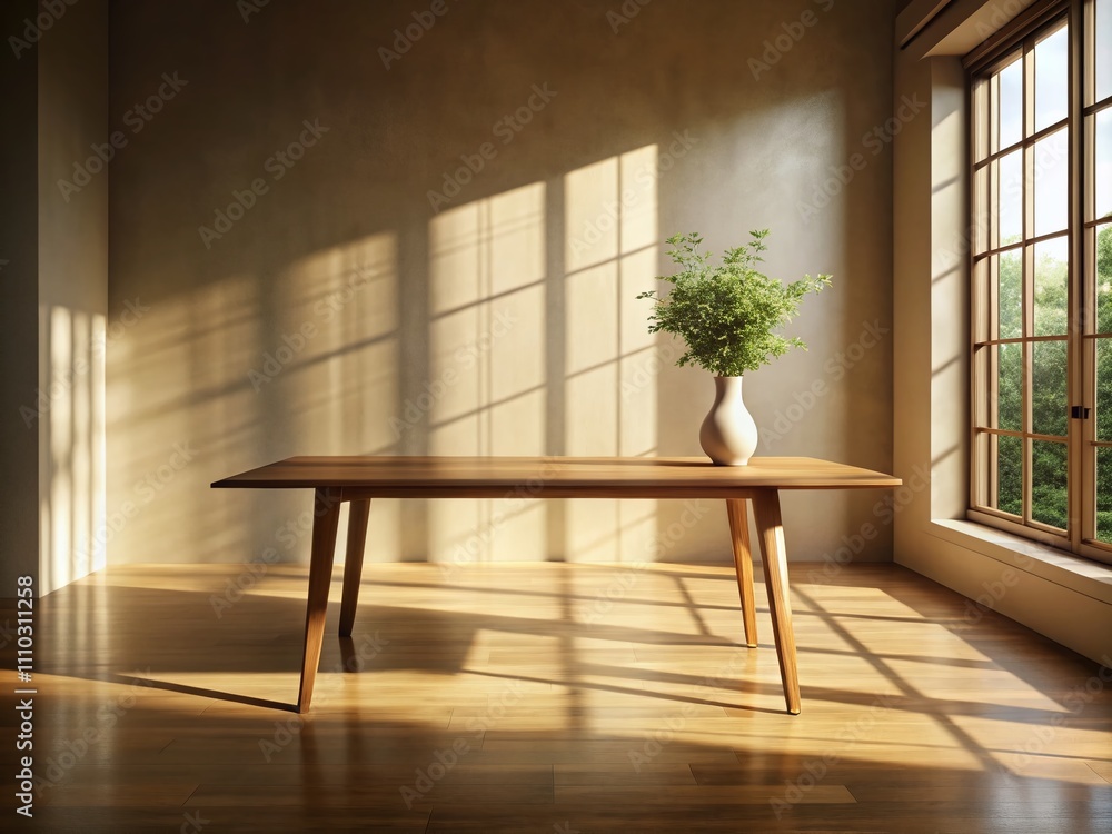 Poster elegant wooden table bathed in natural light with soft shadows creating a minimalistic and inviting 