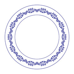 Porcelain plate with oriental blue on white abstract floral ornament in traditional China design style. Vintage, ethnic Porcelain Plate floral design. Frame for round surfaces, embroidery, textiles