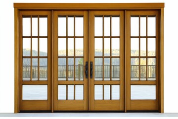 Fototapeta premium Wooden entry door with glass panes, scenic view.
