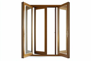 Wooden folding door, glass panes, open.