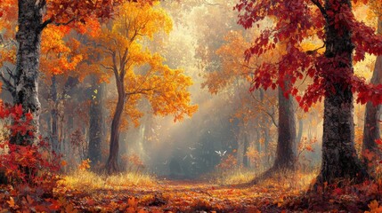 Vibrant autumn forest with golden leaves and soft sunlight filtering through trees at a serene outdoor location