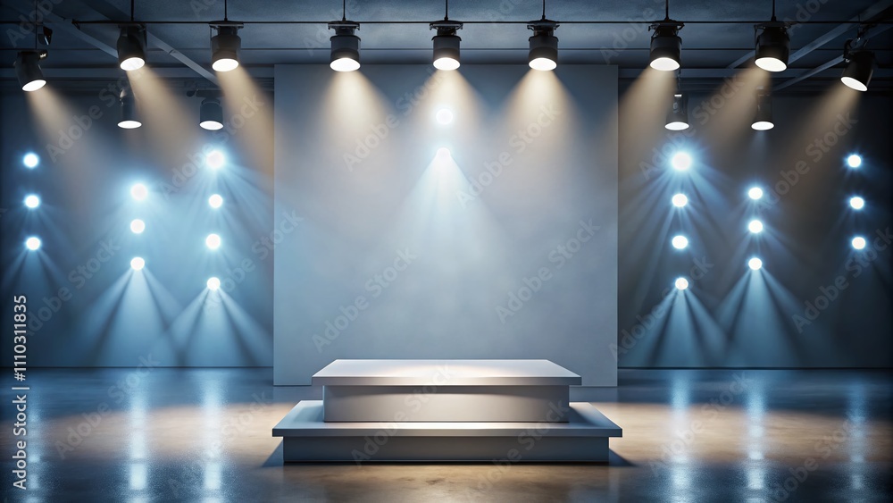 Poster empty studio with podium and spotlight: gray background for product display and presentation in 3d i