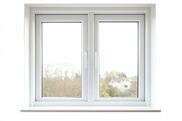 White double-pane window, distant trees, houses.