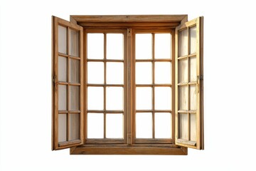Aged wooden window panes, open, light-filled.