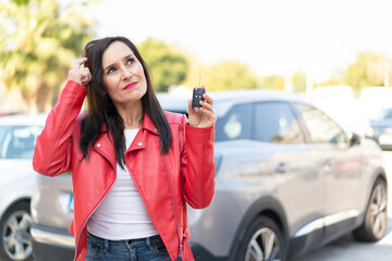 Middle aged woman holding car keys at outdoors having doubts and with confuse face expression