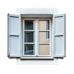 White window with open shutters, paneled glass.