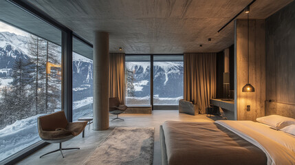 
The interior of a modern chalet bedroom embodies a sleek, minimalist aesthetic with an emphasis on natural materials and modern design elements.