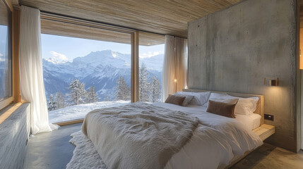 Obraz premium The interior of a modern chalet bedroom embodies a sleek, minimalist aesthetic with an emphasis on natural materials and modern design elements.