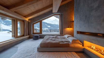 Obraz premium The interior of a modern chalet bedroom embodies a sleek, minimalist aesthetic with an emphasis on natural materials and modern design elements.