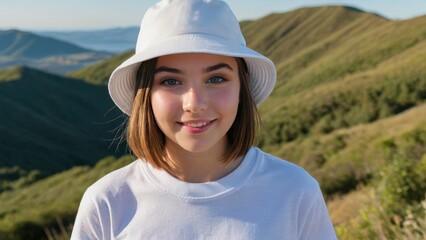 Teenage girl with short hair wearing white t-shirt and white bucket hat standing on a mountain