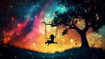 Dreamy Evening in Cosmic Wonderland: A Serene Silhouette on a Swing Beneath a Starry Sky Full of Colorful Galaxies and Twinkling Stars in a Magical Landscape