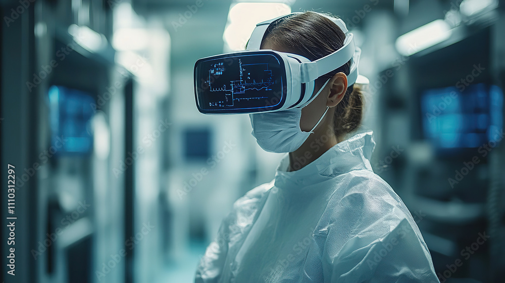 Aufkleber medical professional wearing virtual reality headset while analyzing data in a high-tech facility du
