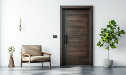 Minimalist room: chair, plant, door, side table.