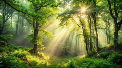 Obraz premium Enchanted Misty Forest: Ethereal Light Filtering Through Lush Green Canopy, Creating a Dreamlike Atmosphere in Nature's Serene Beauty for Stock Photography