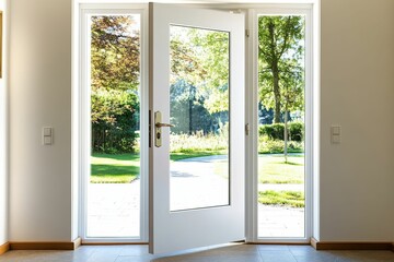 Fototapeta premium Open white door reveals sunny garden view.