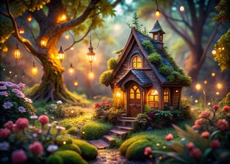 Fototapeta premium Enchanted Whimsical Fairytale House Surrounded by Glowing Lights in a Magical Forest, Inviting Cozy Atmosphere for Dreamy Adventures in Nature