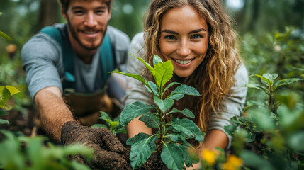 Young couple smiling and planting seedlings in outdoor garden during daytime