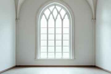 Obraz premium Empty room, arched window, white walls, light floor.