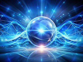 Obraz premium Enchanting Blue Energy Sphere: A Futuristic Magic Circle with Waves and Particle Lines, Representing Atom Energy and Electricity Against an Abstract Background