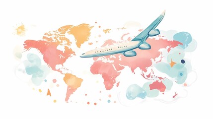 Colorful Watercolor Illustration of an Airplane Flying Over a World Map Depicting Vibrant Continents and Abstract Geometric Shapes