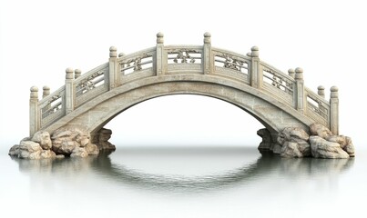 Fototapeta premium Ornate stone bridge spans calm water, rocks at base.